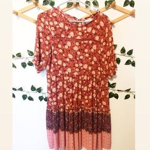 Knox Rose Boho Chic Burnt Orange and Coral Floral Contrast Print Tunic Dress